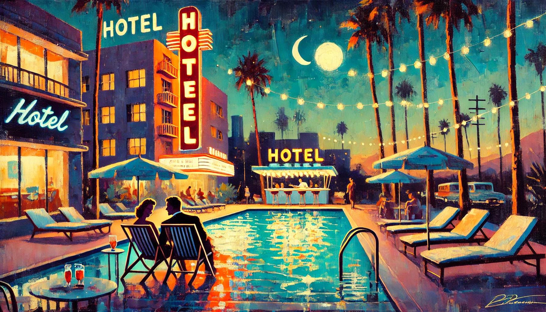 Retro-style painting of a romantic evening by a hotel pool